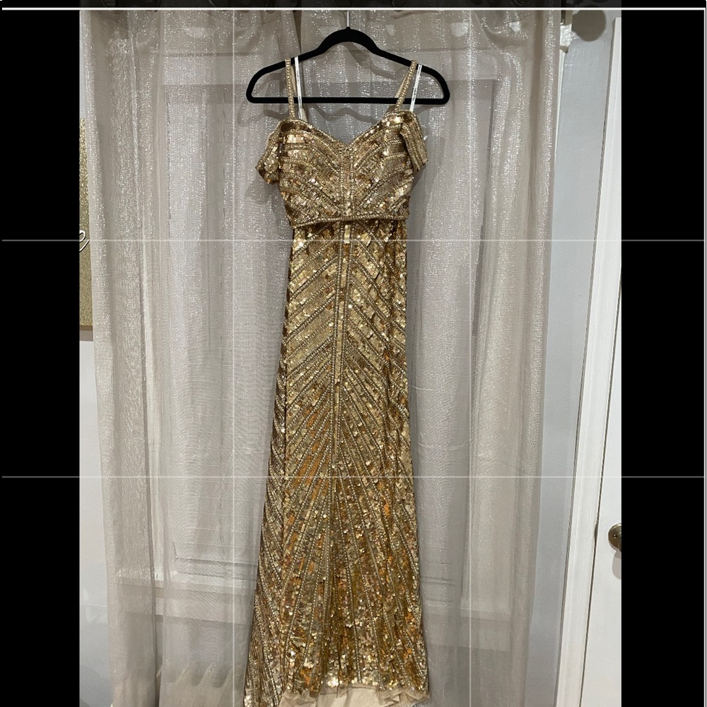 long two piece gold dress.